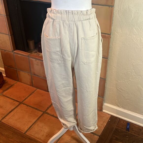 Zara Cream 100% Cotton Loose Fit Drawstring Waist Crop Pant, size L - Picture 5 of 8